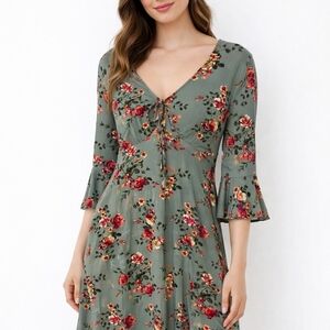No Boundaries Floral Long Sleeve Dress - Green and Red